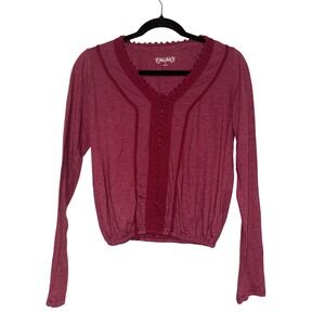 Mudd Burgundy Lace Trim V Neck Long‎ Sleeve Cropped Top Women's Size S